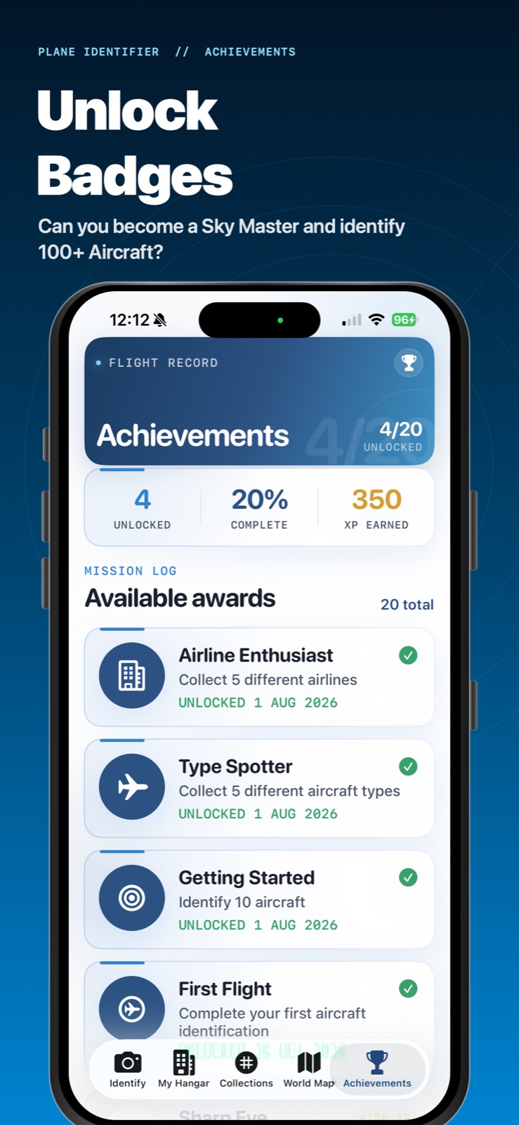 Aircraft spotting achievements and XP