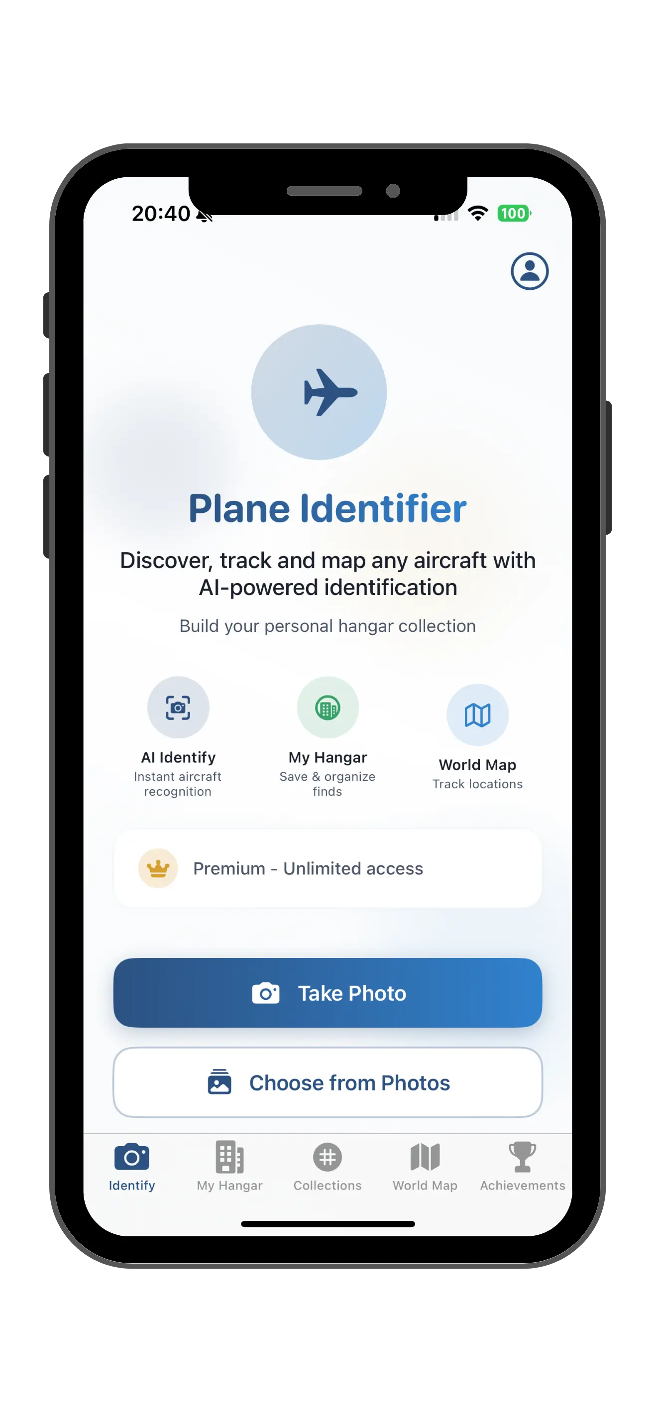 Plane Identifier App Home Screen